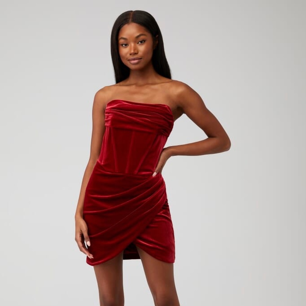 Bardot Strapless Velvet Mini Dress in Deep Red